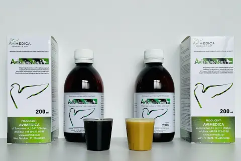 Dwa opakowania AviSalmo Tonic, antybiotyk na drogi oddechowe dla gołębi, obok dwóch kieliszków z płynem.