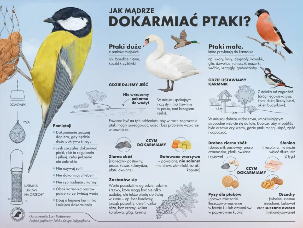 Ptaki jedzą ziarna zbóż, warzywa, słoninę, orzechy i suszone owoce. Unikaj chleba i soli.